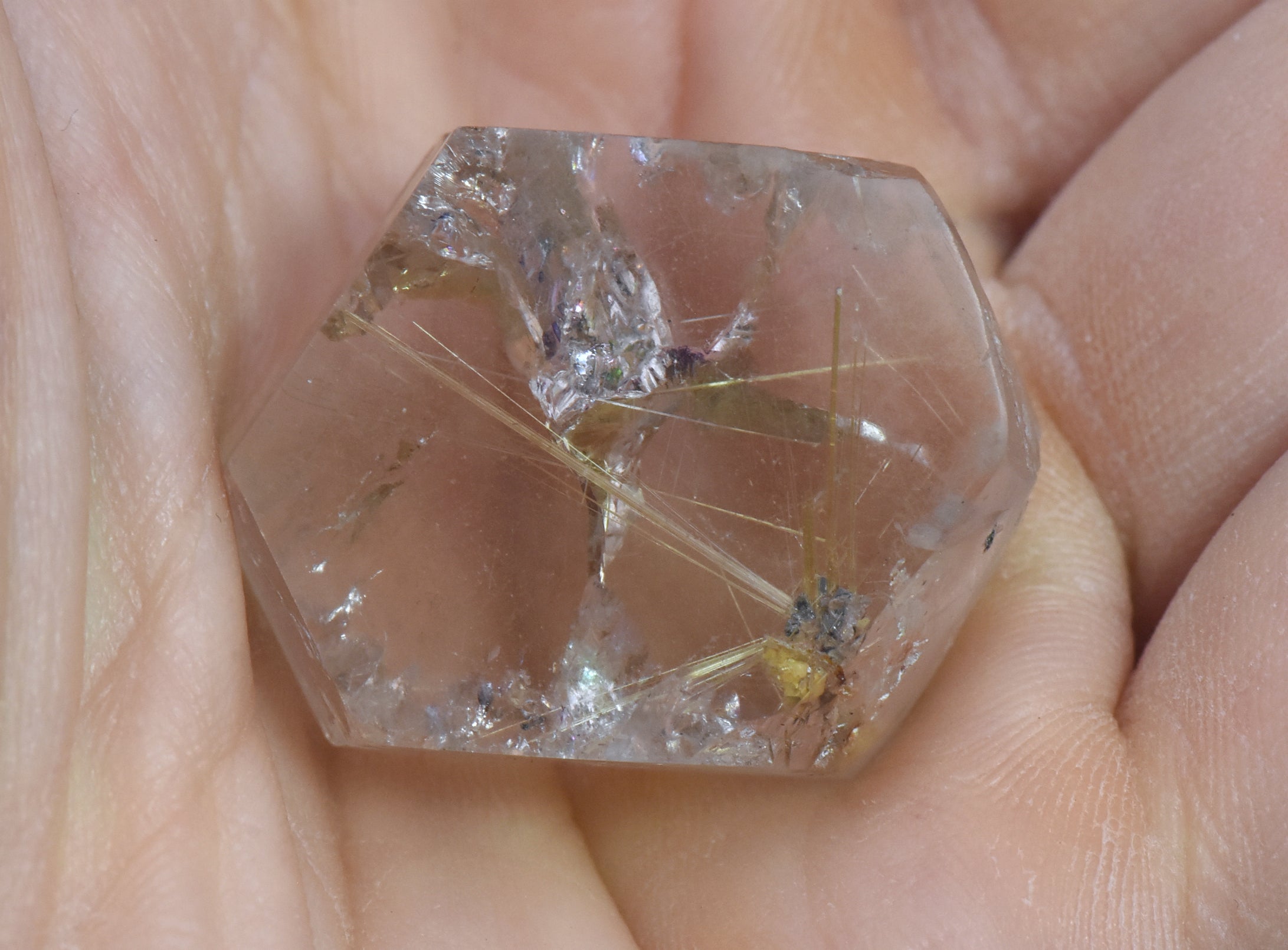 Golden Rutile and Hematite in Quartz Crystal Slice - Brazil