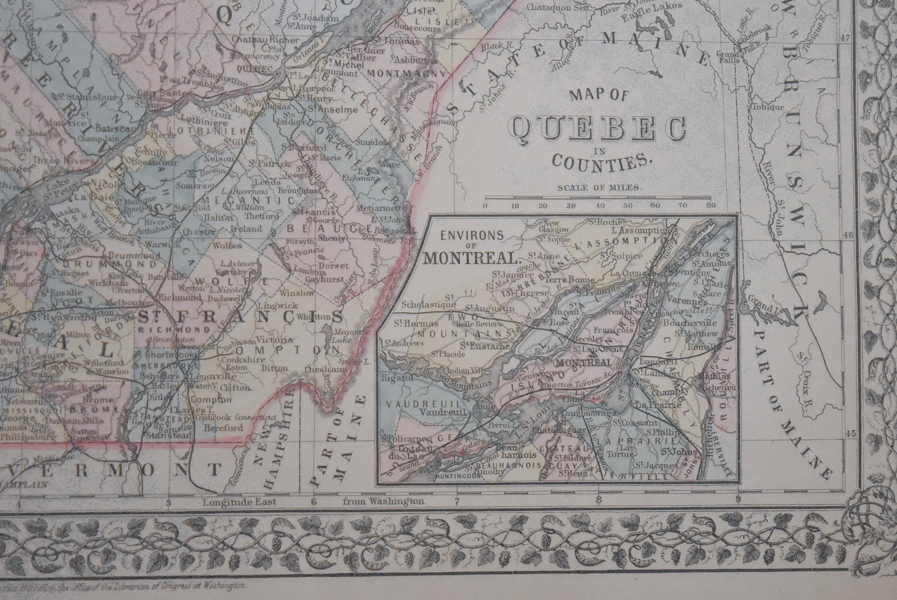 Mitchell's - Antique Hand Colored 1881 Map of Quebec