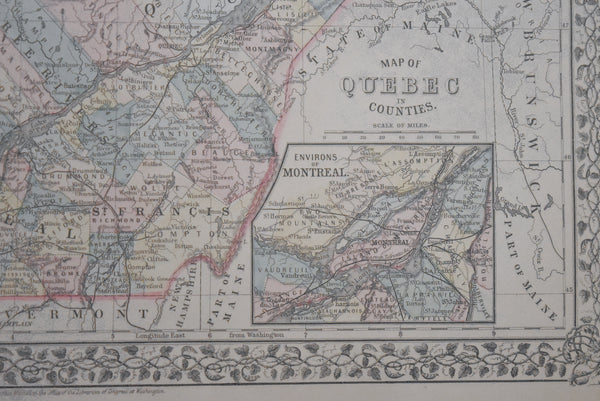 Mitchell's - Antique Hand Colored 1881 Map of Quebec