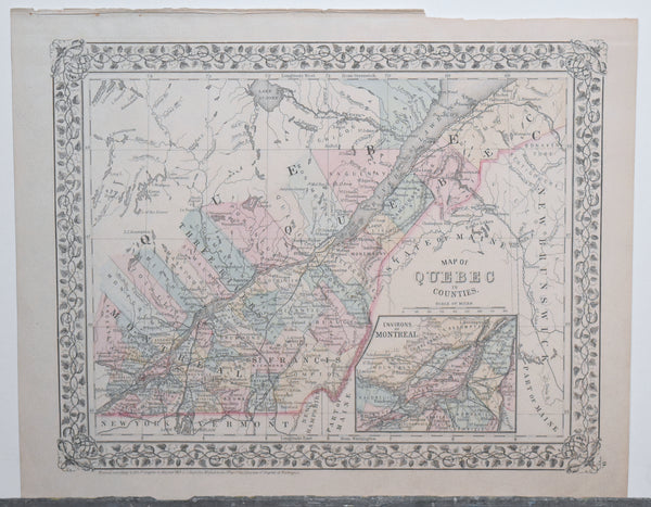 Mitchell's - Antique Hand Colored 1881 Map of Quebec