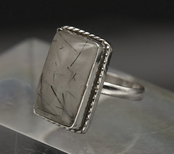 Vintage Tourmalinated Quartz Sterling Silver Ring - Size 9.5