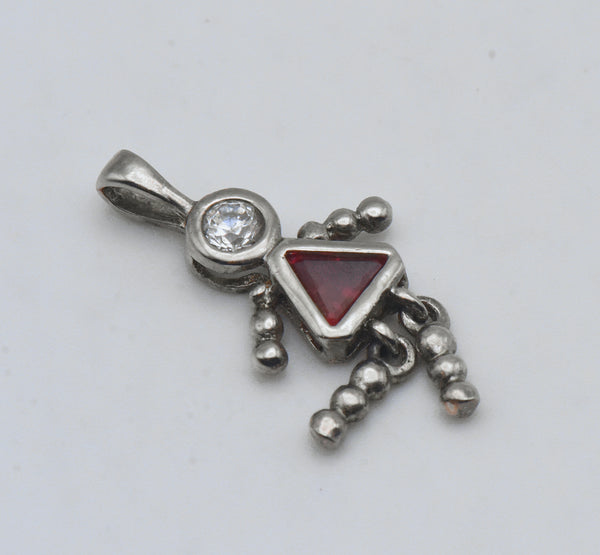 Vintage Synthetic Ruby and CZ Silver Plated Girl Stick Figure Pendant