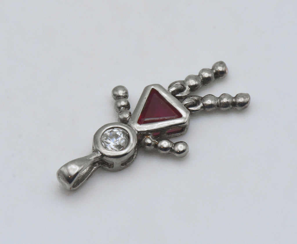 Vintage Synthetic Ruby and CZ Silver Plated Girl Stick Figure Pendant