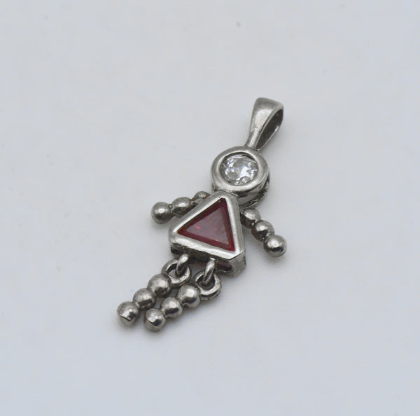 Vintage Synthetic Ruby and CZ Silver Plated Girl Stick Figure Pendant