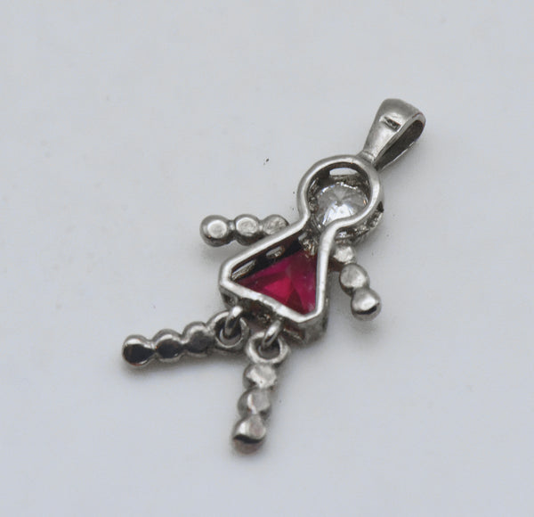 Vintage Synthetic Ruby and CZ Silver Plated Girl Stick Figure Pendant