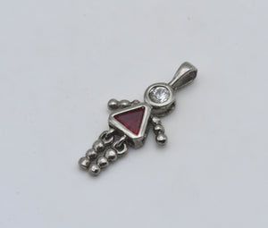 Vintage Synthetic Ruby and CZ Silver Plated Girl Stick Figure Pendant