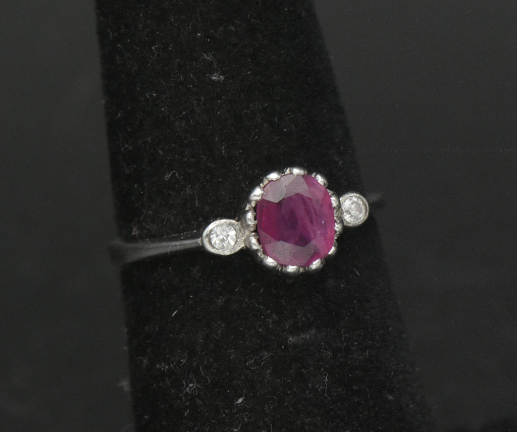 Vintage Ruby and CZ Sterling Silver Ring - Size 5.25