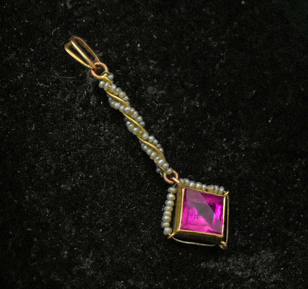 Antique 14k Gold Synthetic Ruby and Seed Pearls Handmade Pendant AS IS