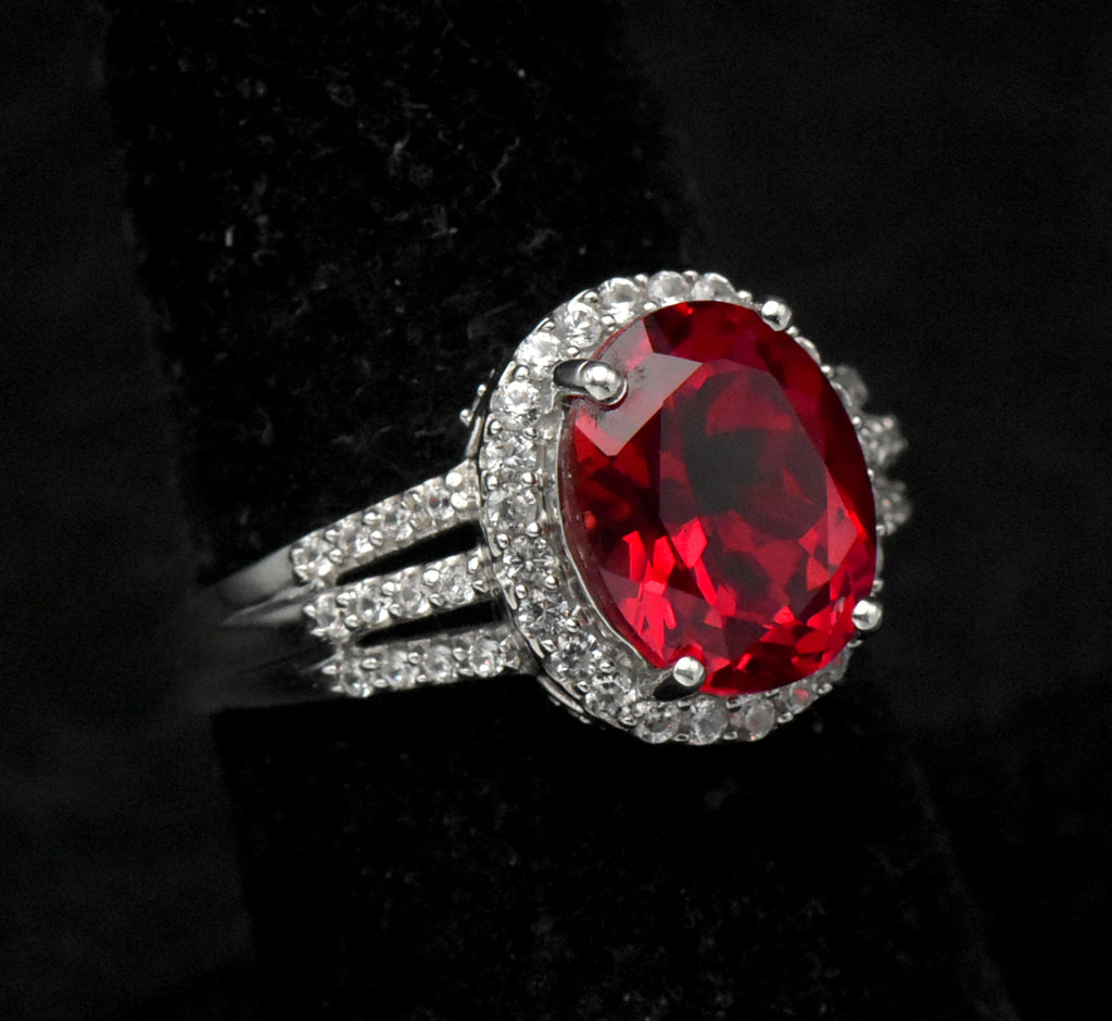 Vintage Synthetic Ruby and Zircon Sterling Silver Ring - Size 7