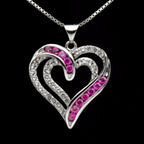 Sterling Silver Heart Pendant with Synthetic Ruby and Colorless Sapphire on Sterling Chain Necklace - 18"
