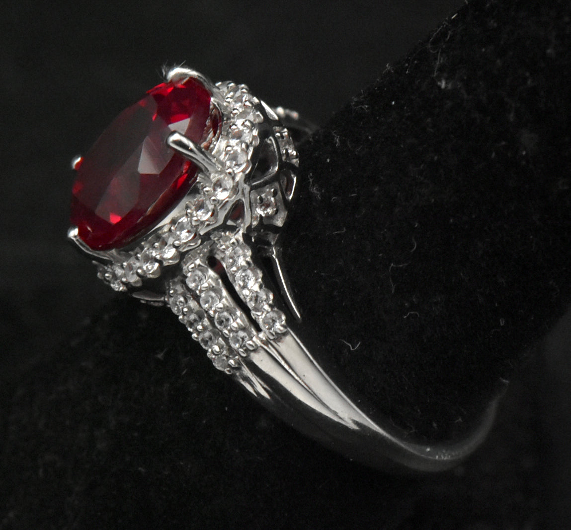 Vintage Synthetic Ruby and Zircon Sterling Silver Ring - Size 7