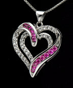 Sterling Silver Heart Pendant with Synthetic Ruby and Colorless Sapphire on Sterling Chain Necklace - 18"