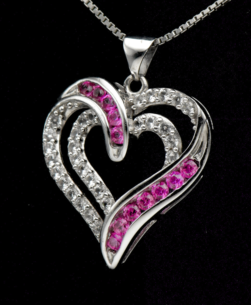 Sterling Silver Heart Pendant with Synthetic Ruby and Colorless Sapphire on Sterling Chain Necklace - 18"