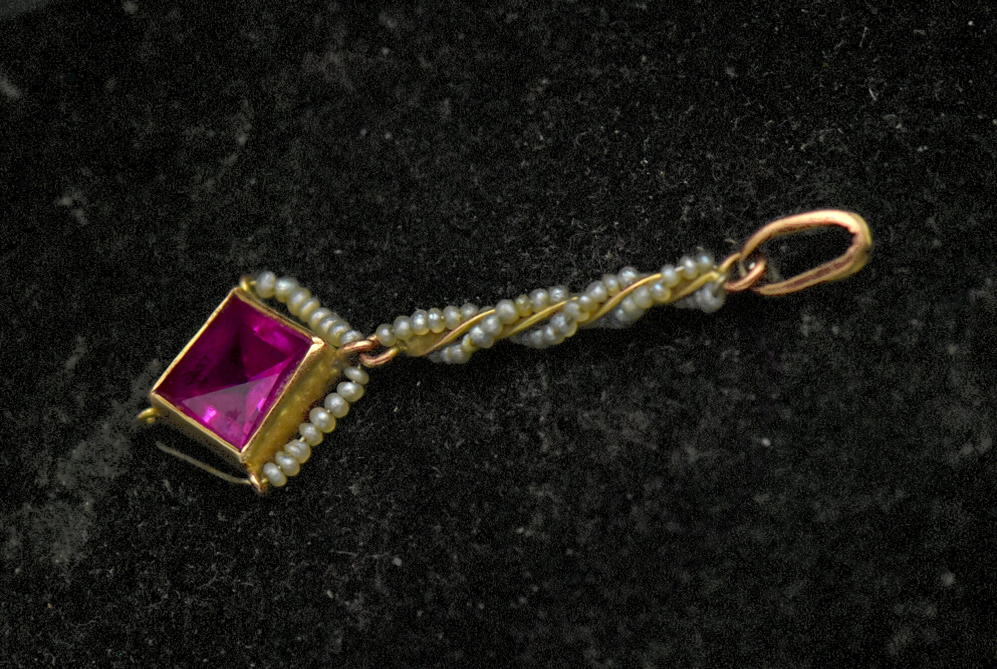 Antique 14k Gold Synthetic Ruby and Seed Pearls Handmade Pendant AS IS