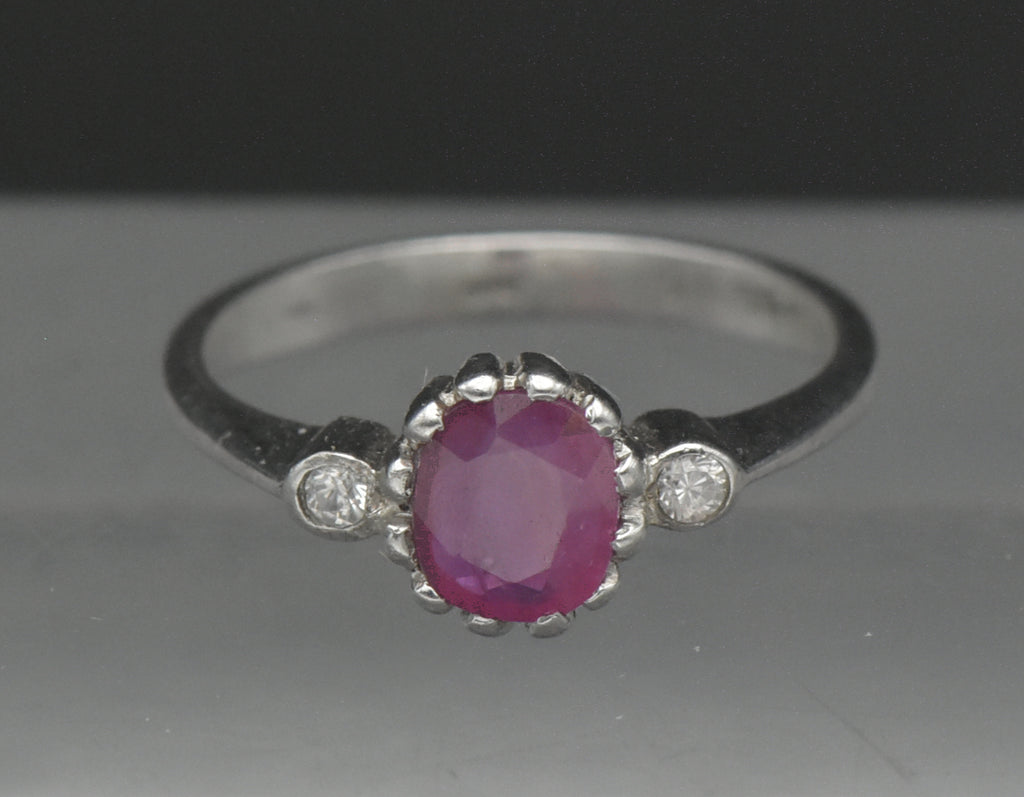 Vintage Ruby and CZ Sterling Silver Ring - Size 5.25