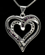 Sterling Silver Heart Pendant with Synthetic Ruby and Colorless Sapphire on Sterling Chain Necklace - 18"