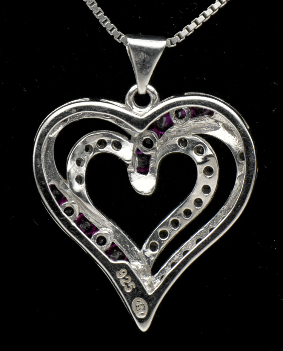 Sterling Silver Heart Pendant with Synthetic Ruby and Colorless Sapphire on Sterling Chain Necklace - 18"