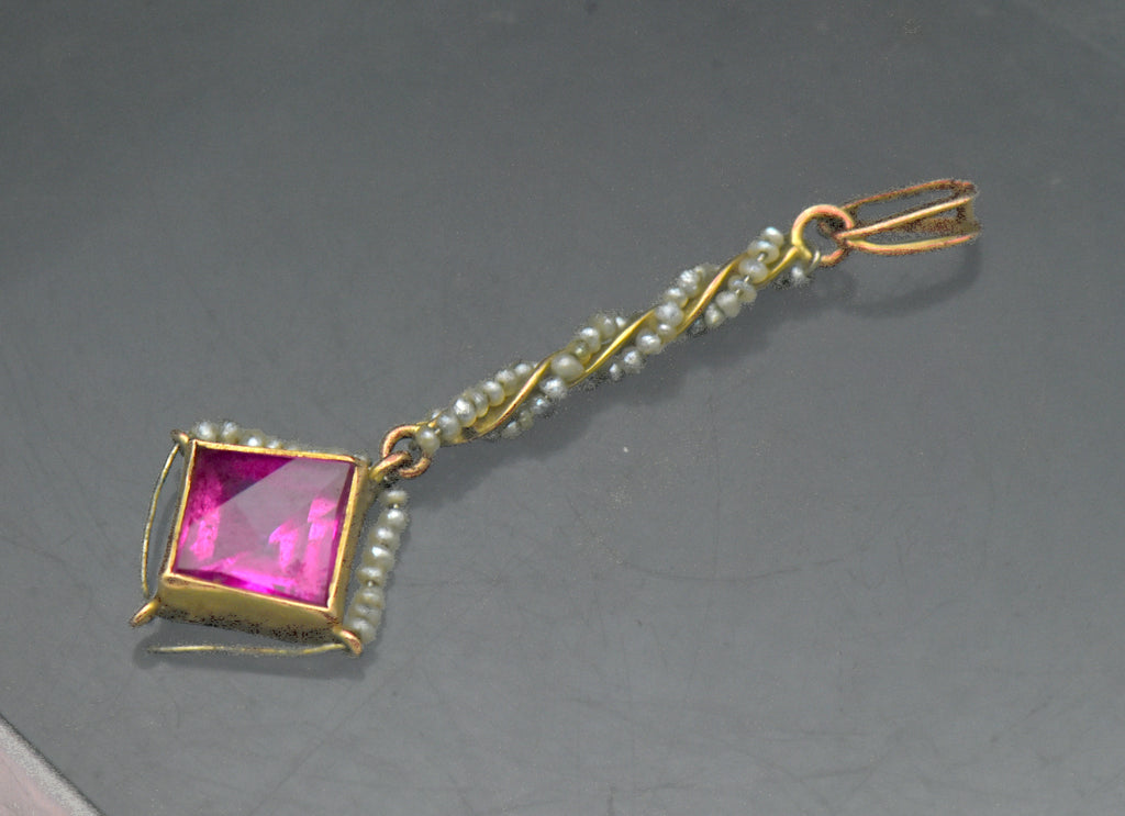 Antique 14k Gold Synthetic Ruby and Seed Pearls Handmade Pendant AS IS