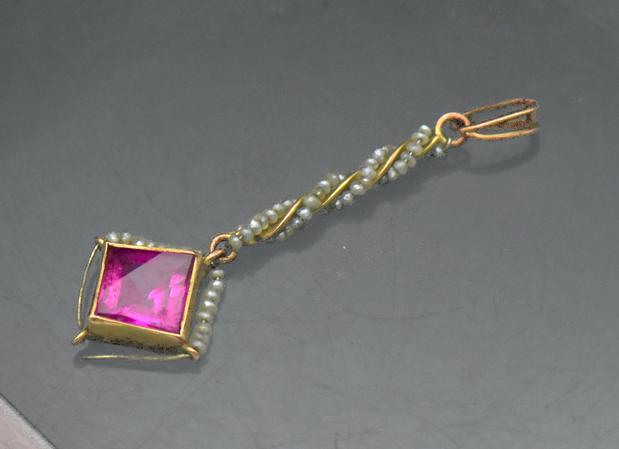 Antique 14k Gold Synthetic Ruby and Seed Pearls Handmade Pendant AS IS