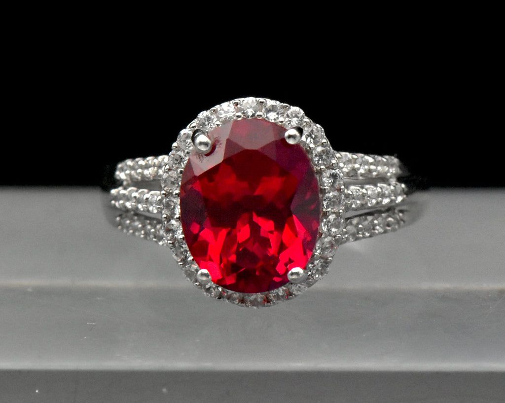 Vintage Synthetic Ruby and Zircon Sterling Silver Ring - Size 7