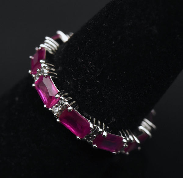 Vintage Synthetic Ruby and Cubic Zirconia Sterling Silver Eternity Band - Size 7