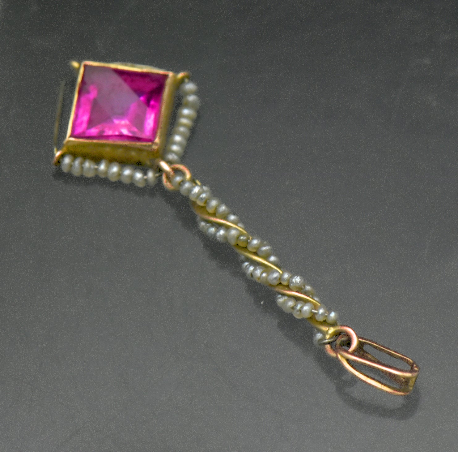 Antique 14k Gold Synthetic Ruby and Seed Pearls Handmade Pendant AS IS