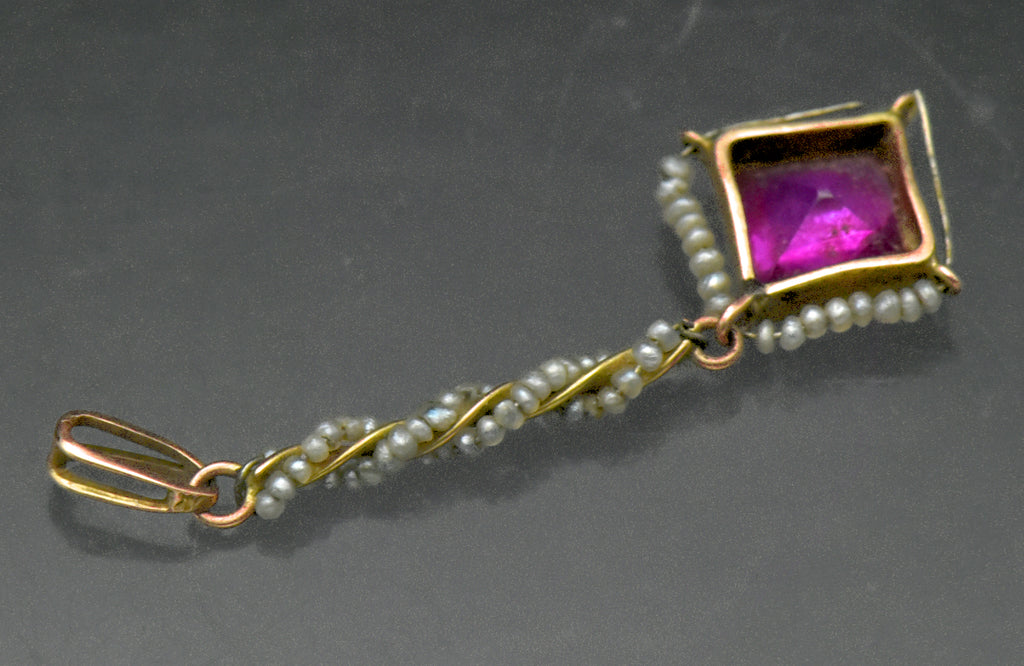 Antique 14k Gold Synthetic Ruby and Seed Pearls Handmade Pendant AS IS