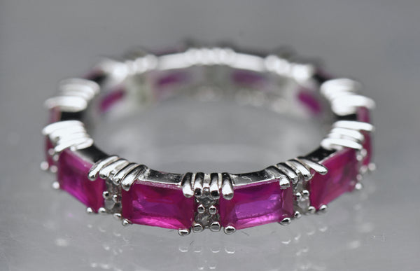 Vintage Synthetic Ruby and Cubic Zirconia Sterling Silver Eternity Band - Size 7