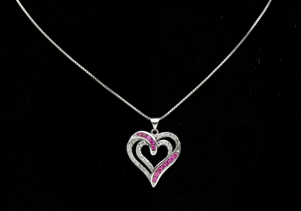 Sterling Silver Heart Pendant with Synthetic Ruby and Colorless Sapphire on Sterling Chain Necklace - 18"