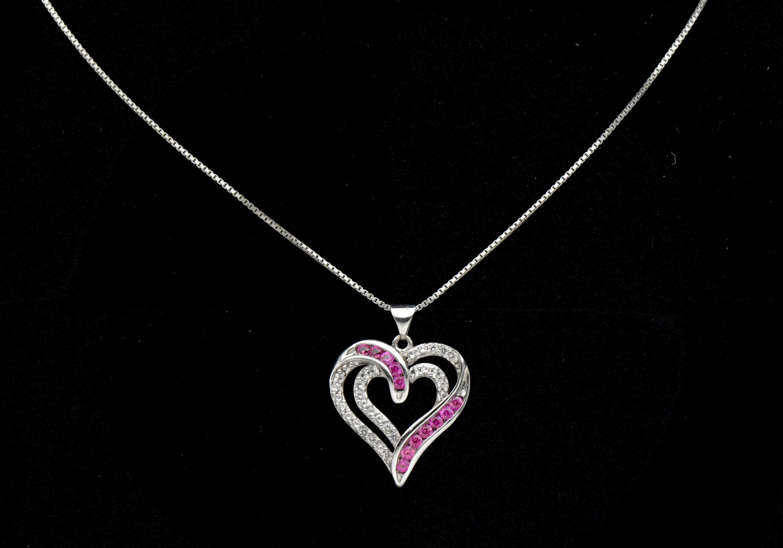 Sterling Silver Heart Pendant with Synthetic Ruby and Colorless Sapphire on Sterling Chain Necklace - 18"