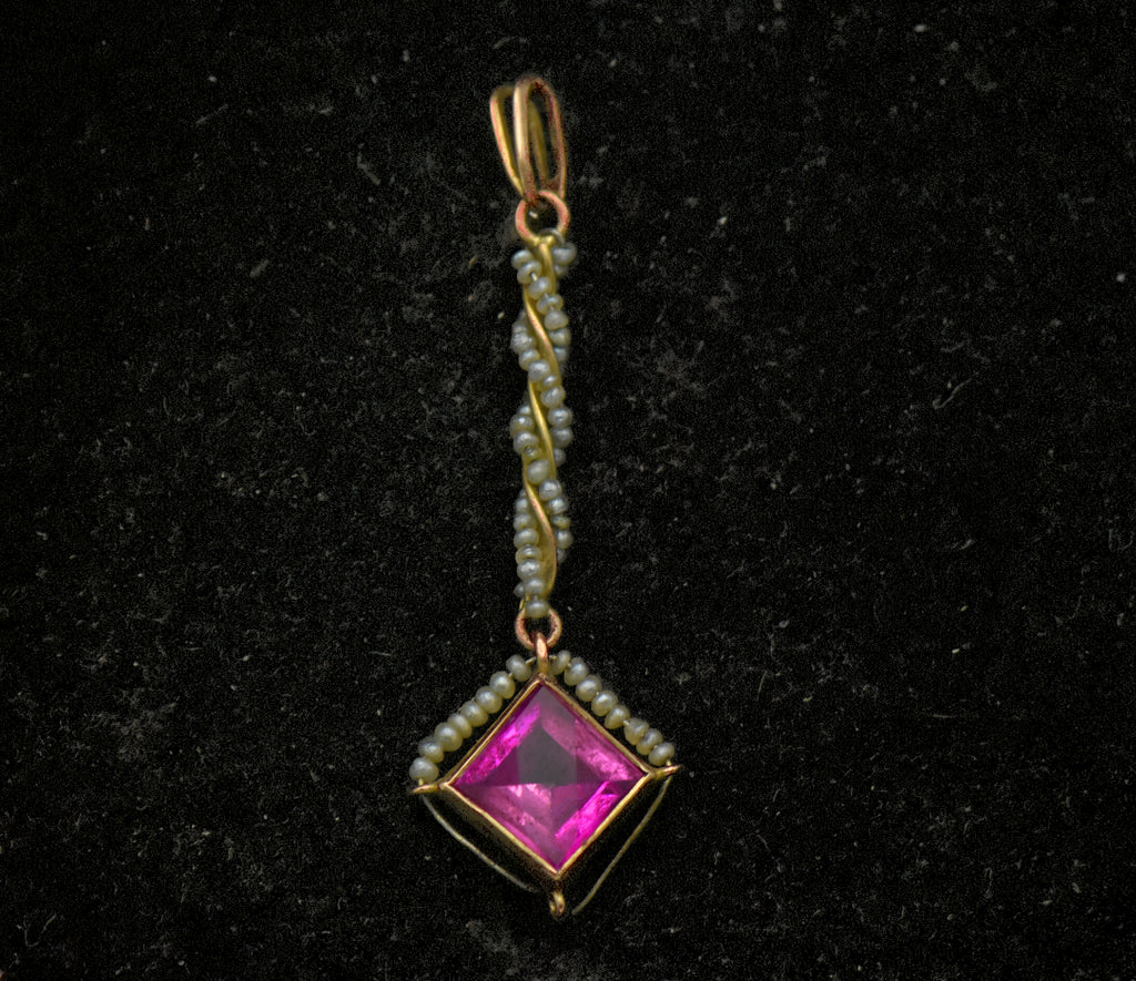 Antique 14k Gold Synthetic Ruby and Seed Pearls Handmade Pendant AS IS
