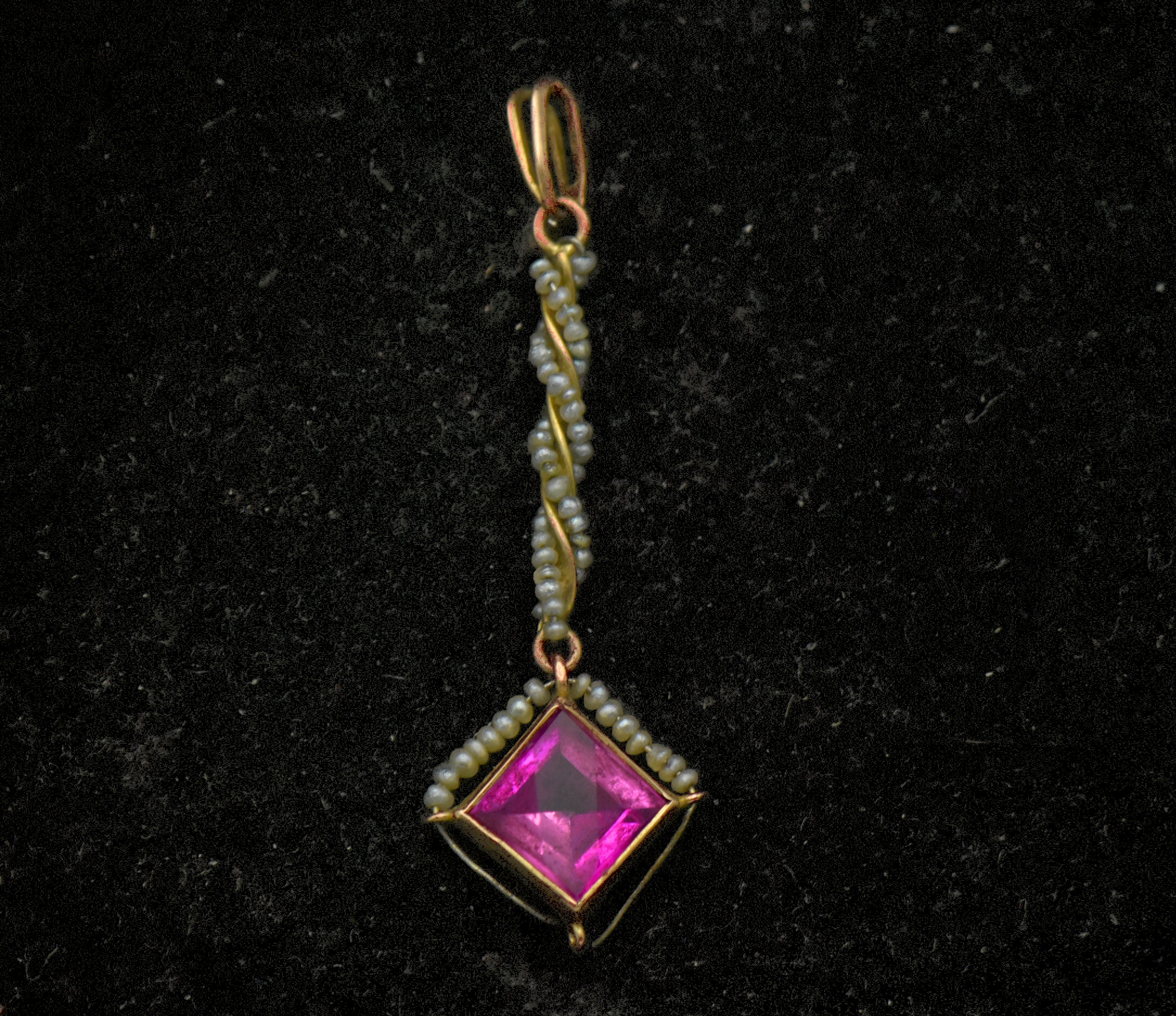 Antique 14k Gold Synthetic Ruby and Seed Pearls Handmade Pendant AS IS
