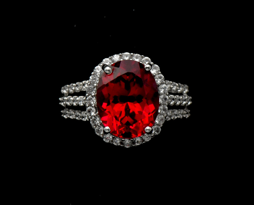 Vintage Synthetic Ruby and Zircon Sterling Silver Ring - Size 7