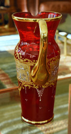 Vintage Handmade Italian Ruby Red Glass and Gilding Hunting Scene Pitcher
