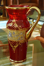 Vintage Handmade Italian Ruby Red Glass and Gilding Hunting Scene Pitcher