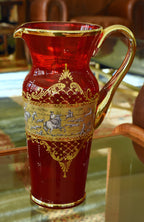 Vintage Handmade Italian Ruby Red Glass and Gilding Hunting Scene Pitcher