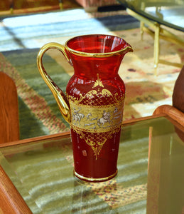 Vintage Handmade Italian Ruby Red Glass and Gilding Hunting Scene Pitcher
