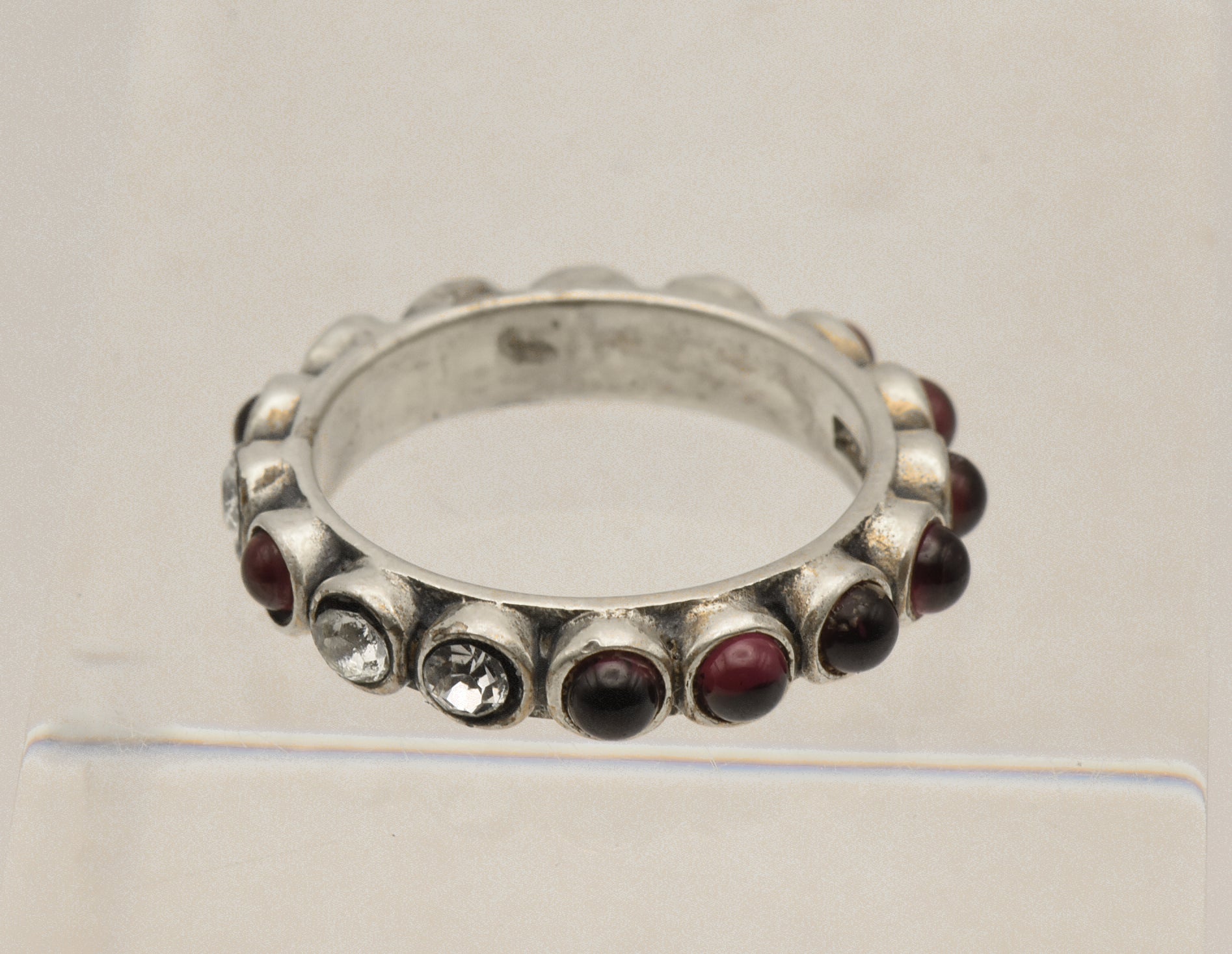 Vintage Handmade Garnet and Rhinestone Sterling Silver Ring - Size 8