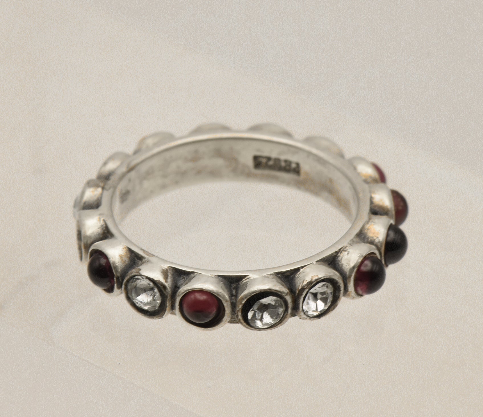Vintage Handmade Garnet and Rhinestone Sterling Silver Ring - Size 8