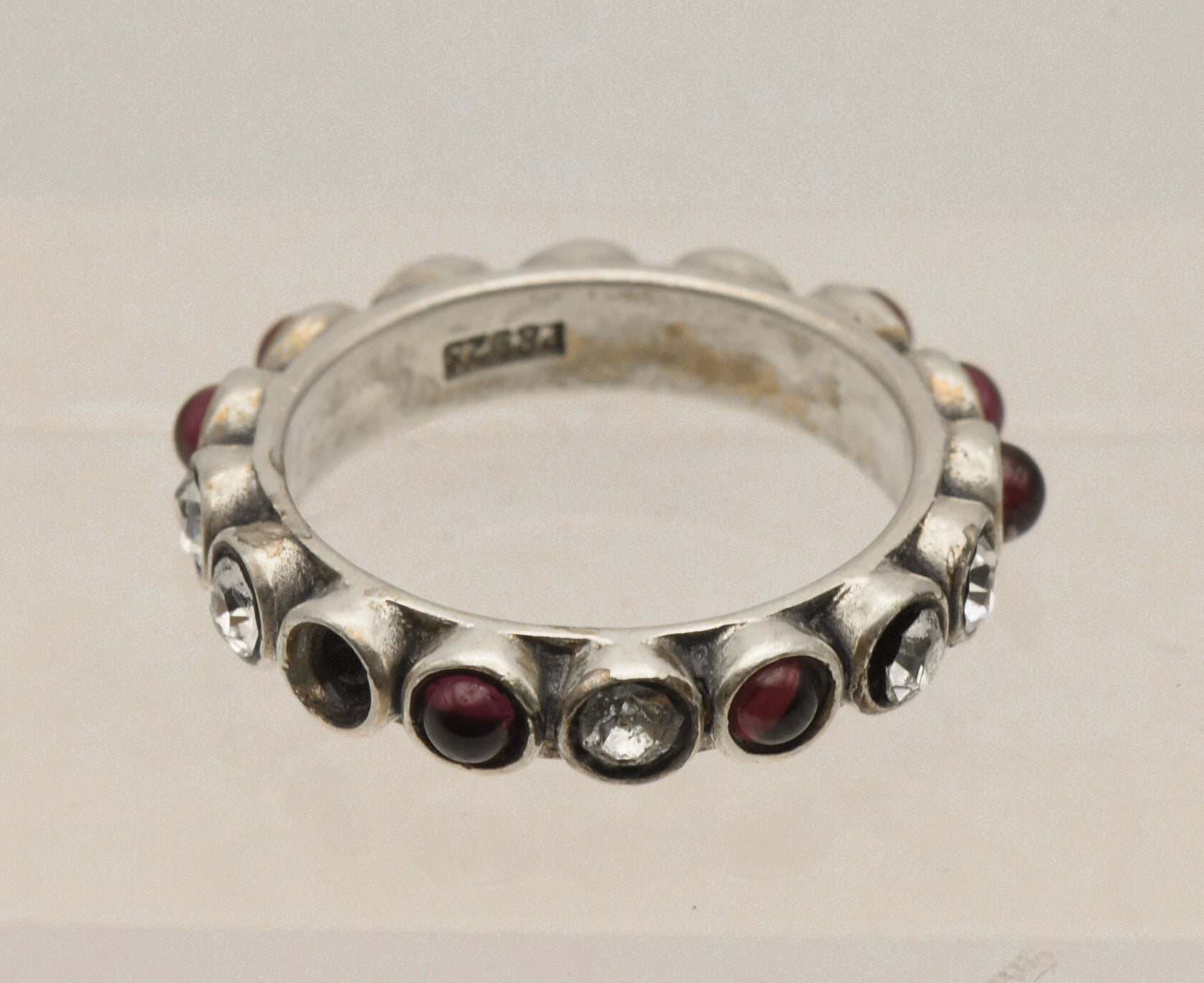 Vintage Handmade Garnet and Rhinestone Sterling Silver Ring - Size 8