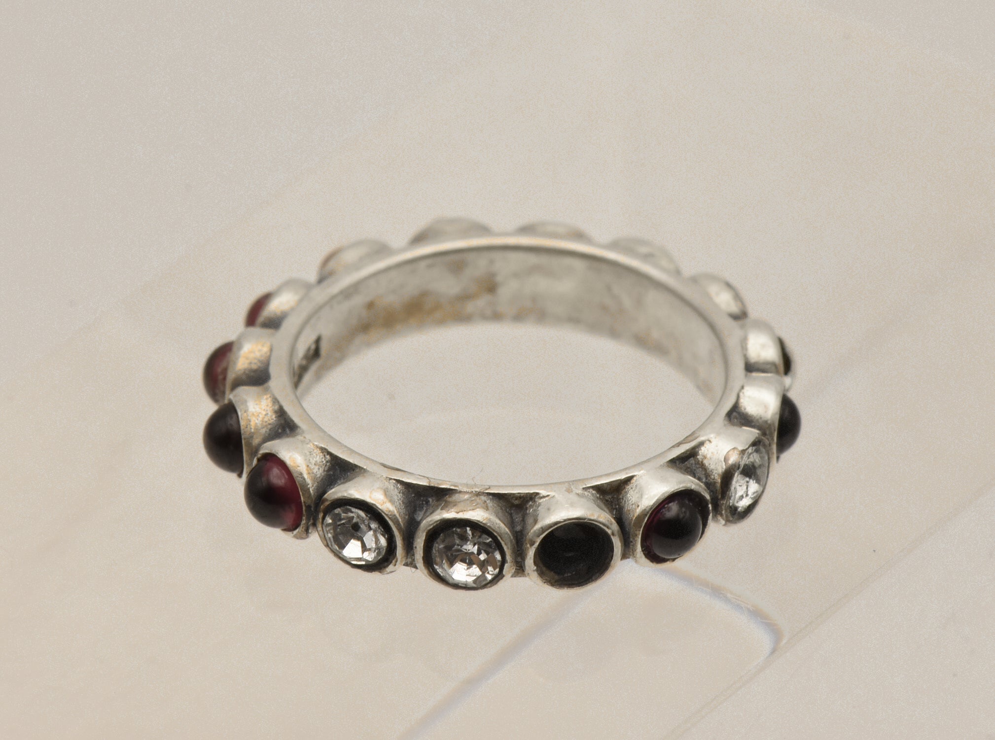 Vintage Handmade Garnet and Rhinestone Sterling Silver Ring - Size 8
