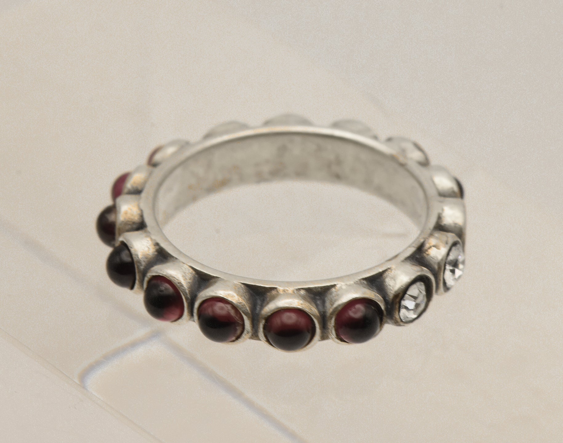 Vintage Handmade Garnet and Rhinestone Sterling Silver Ring - Size 8