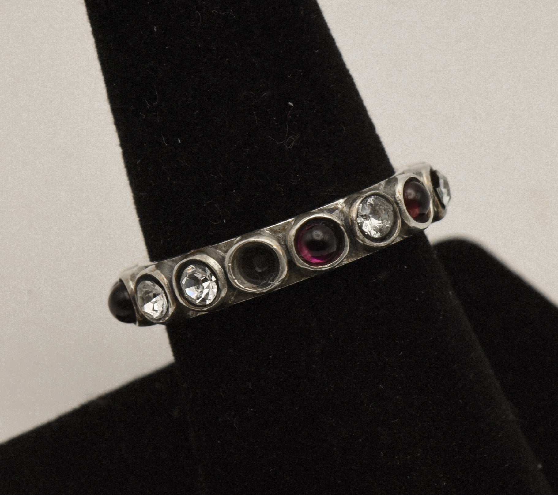 Vintage Handmade Garnet and Rhinestone Sterling Silver Ring - Size 8