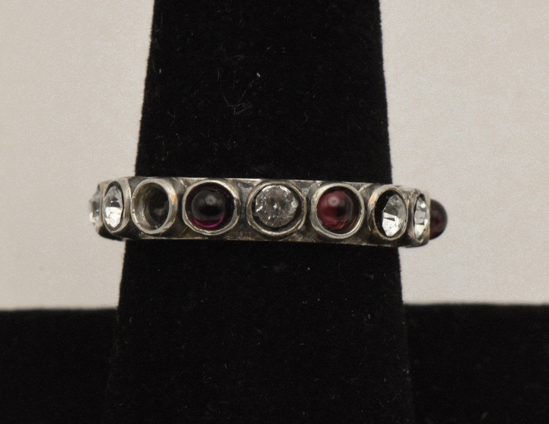 Vintage Handmade Garnet and Rhinestone Sterling Silver Ring - Size 8