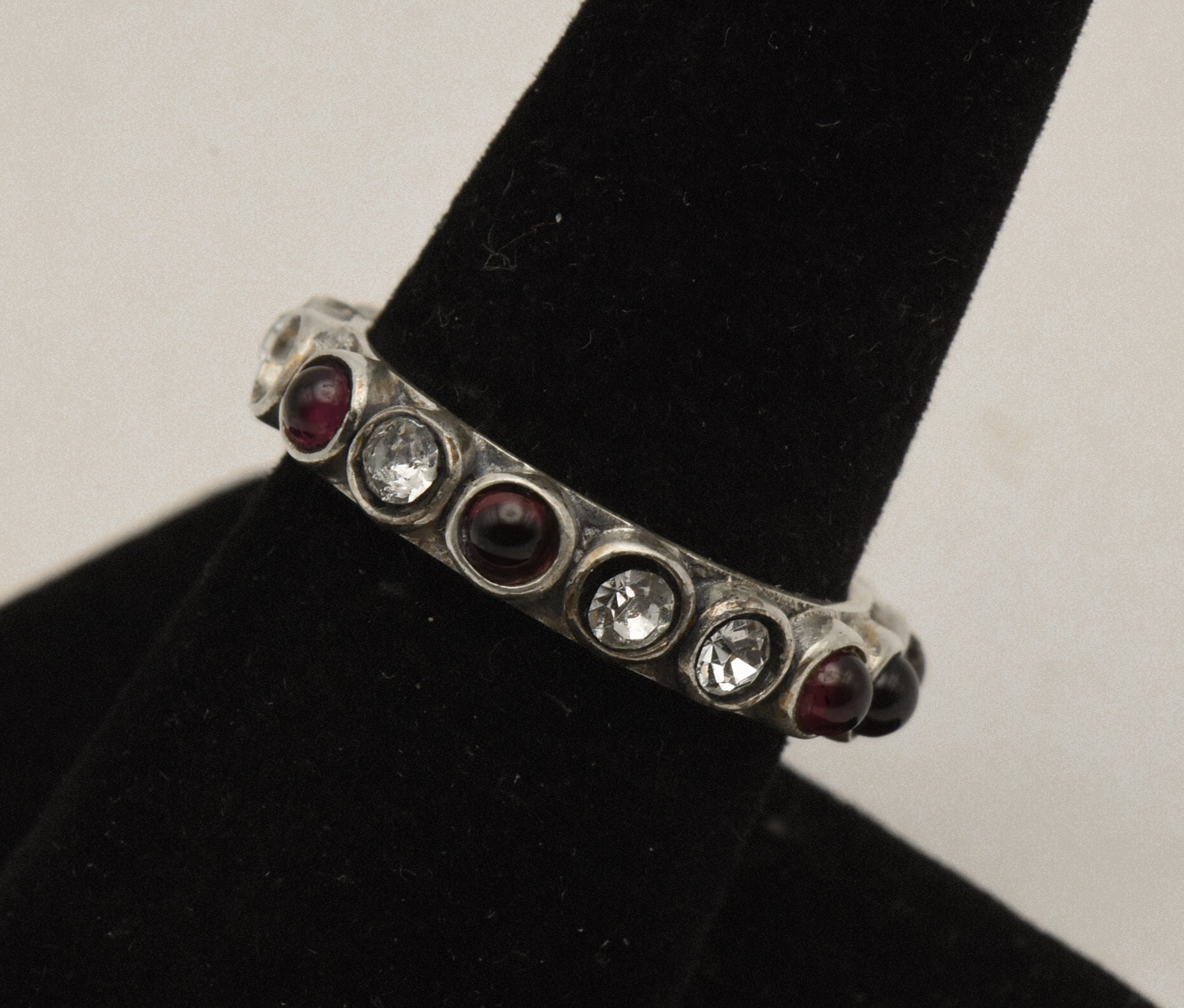 Vintage Handmade Garnet and Rhinestone Sterling Silver Ring - Size 8