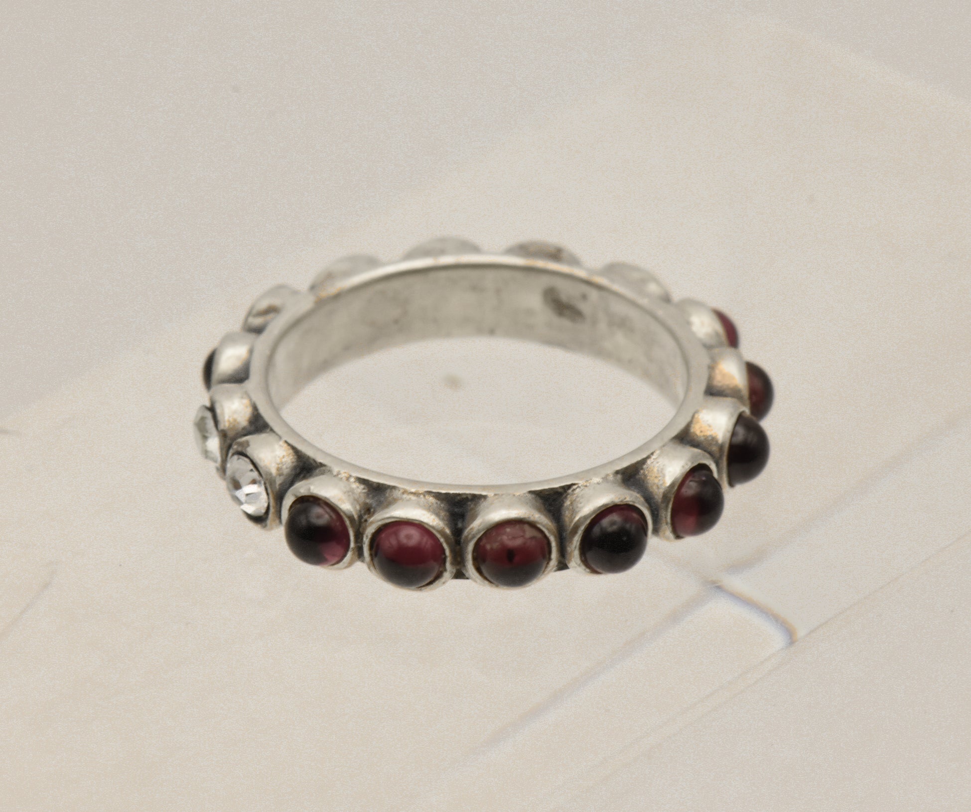 Vintage Handmade Garnet and Rhinestone Sterling Silver Ring - Size 8