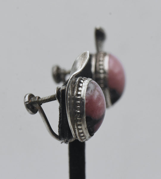 Vintage Handmade Rhodonite Sterling Silver Screw Back Earrings