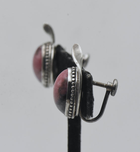Vintage Handmade Rhodonite Sterling Silver Screw Back Earrings