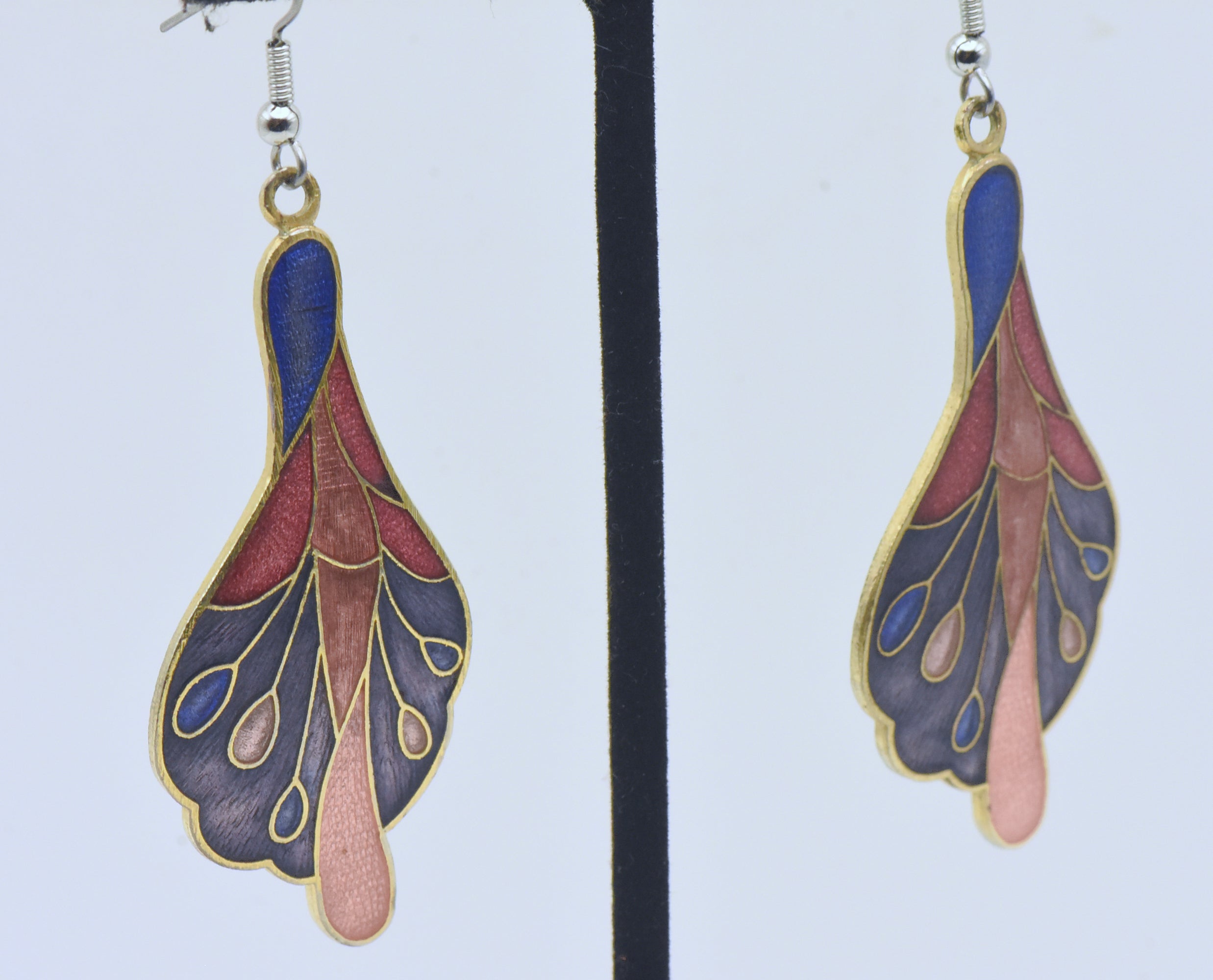 Vintage Gold Tone and Enamel Floral Dangle Earrings