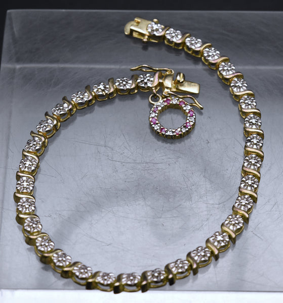 Ross-Simons - Vintage Vermeil Tennis Bracelet with Rubies and Diamond Charm - 7.25"